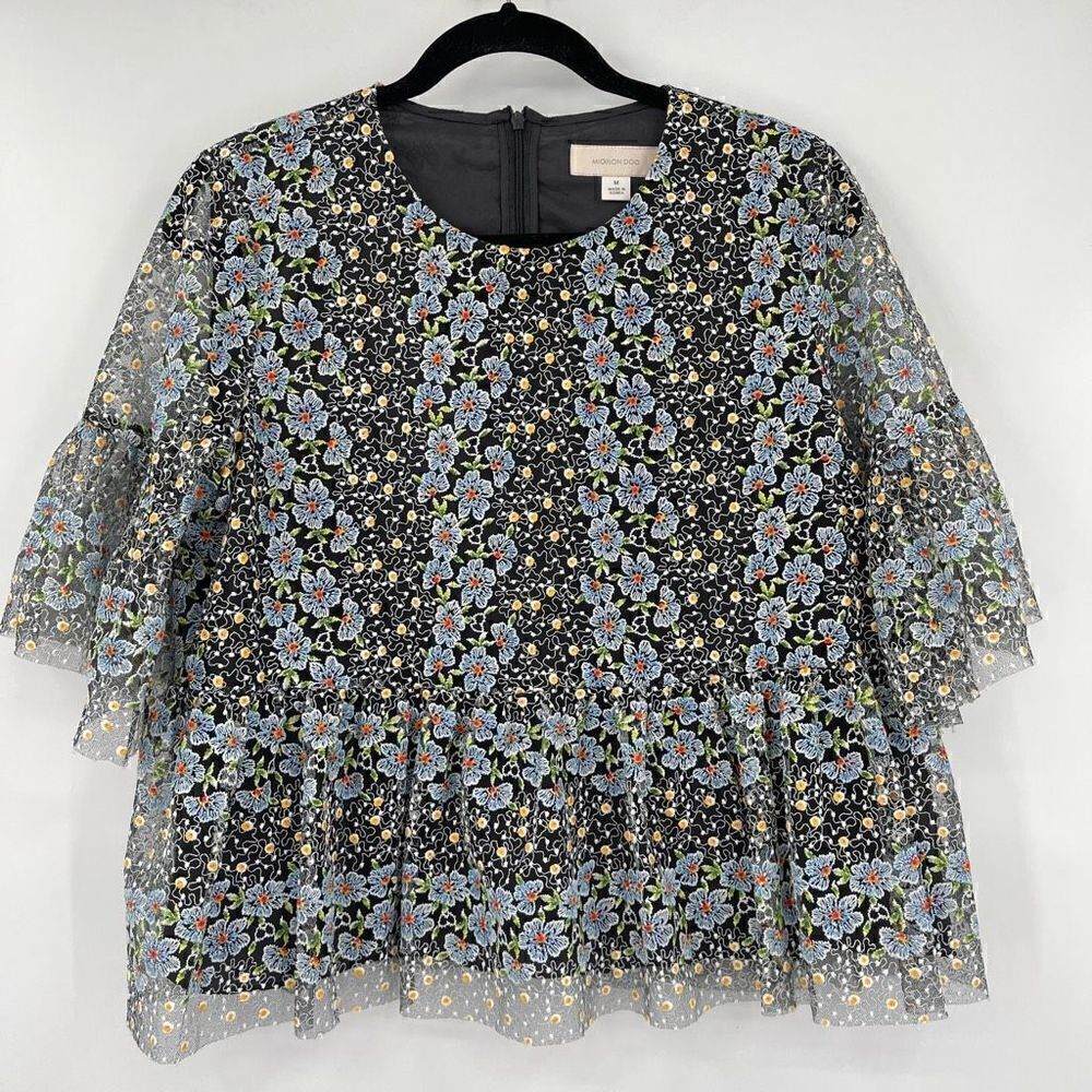Anthropologie Mignon Doo Women's Embroidered Flower Lace Overlay Black Top M
